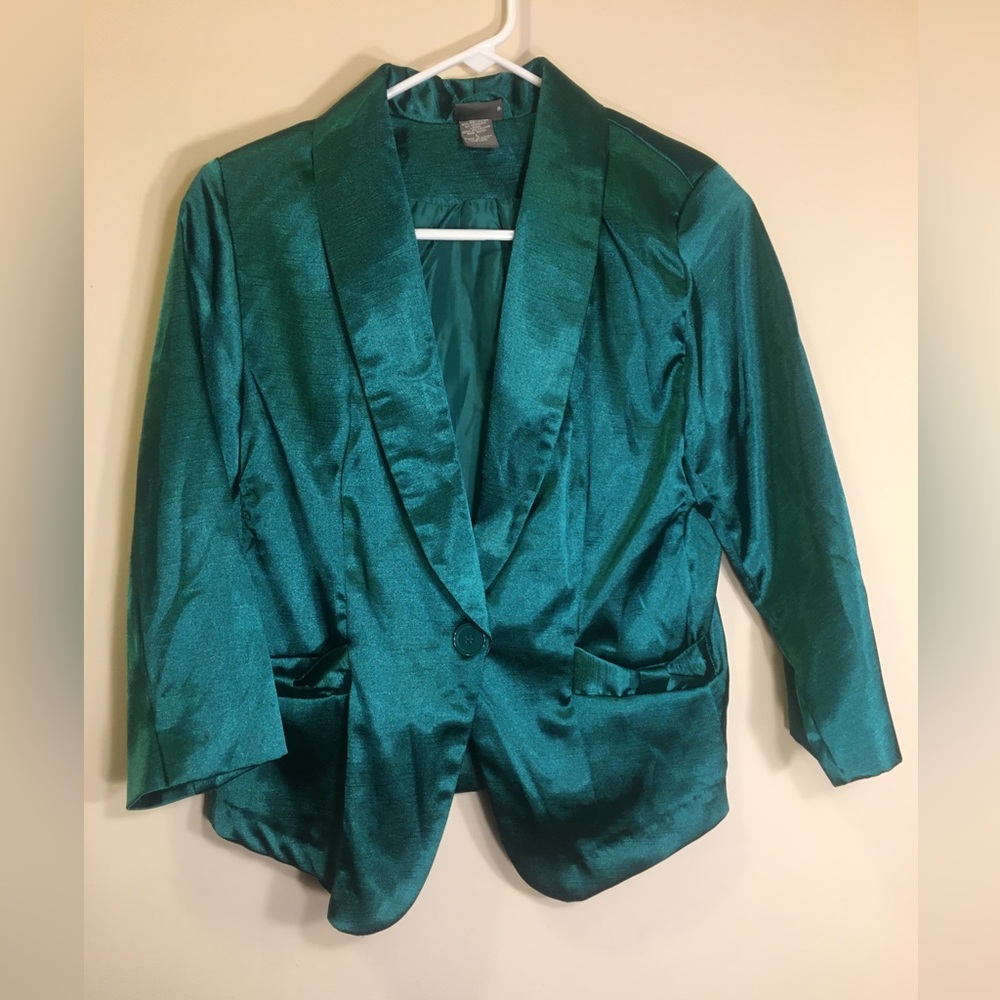 Green Satin Blazer Bow Pockets Size Large Satin Blazer